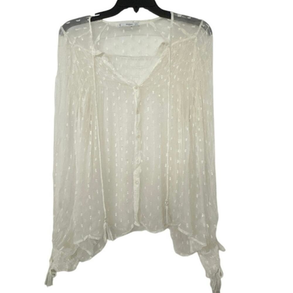 Mango Ivory Sheer Swiss Dot Balloon Sleeve Fringe Flowy Boho Peasant Blouse SM